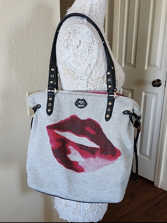 Juicy Couture Handbags - Juicy Couture Jersey Knit Barbiecore Rhinestone Lips Overnight Tote Bag